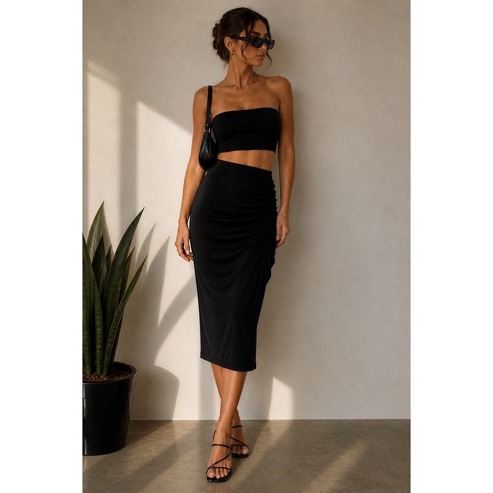 Billie Jo Retro Y2K Black Ruched Bodycon Skirt High Waist XXS Clubwear Sculpting